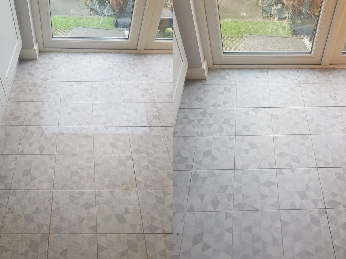 High-traffic tile floor before tile & grout cleaning